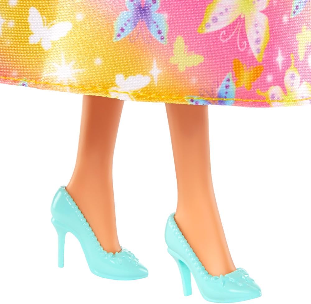 Barbie Royal-Puppe mit hell gesträhntem Fantasiehaar, farbenfrohen Accessoires, gelbem Ombré-Mieder und Rock mit Schmetterlingsmuster