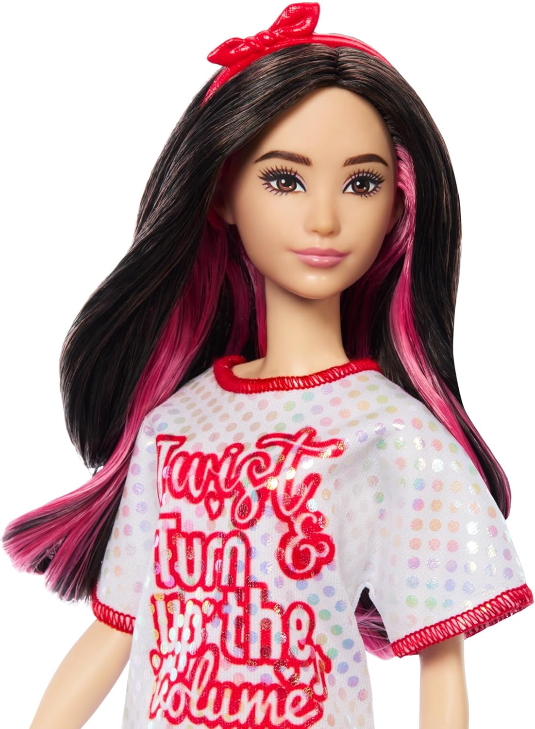 Barbie Fashionistas-Puppe in einem weißen T-Shirt-Kleid mit schimmernden Polka Dots