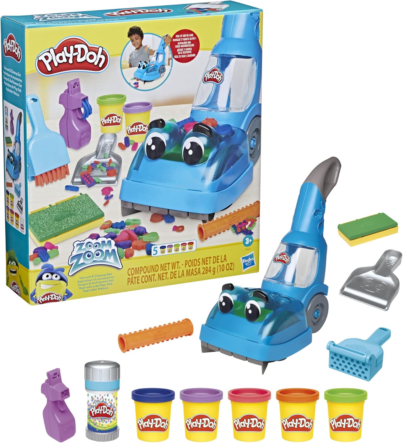Play-Doh Zoom Zoom Aspirateur jouet pour enfants, ensemble de nettoyage et d'art avec 6 accessoires et 5 couleurs Play-Doh, à partir de 3 ans