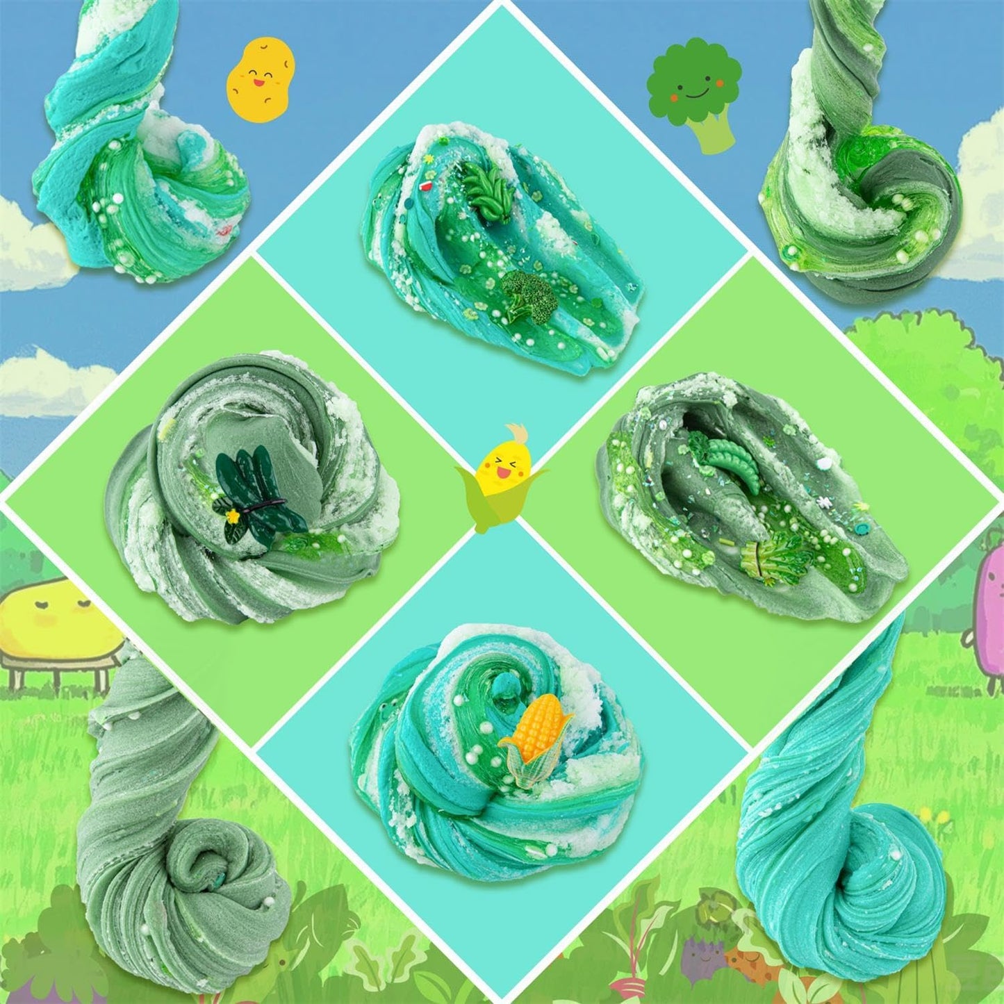 Kit de 6 slimes verts dégradés, nuage, beurre et cristaux transparents, 360 ml, sans danger, non collants, de 4 à 12 ans