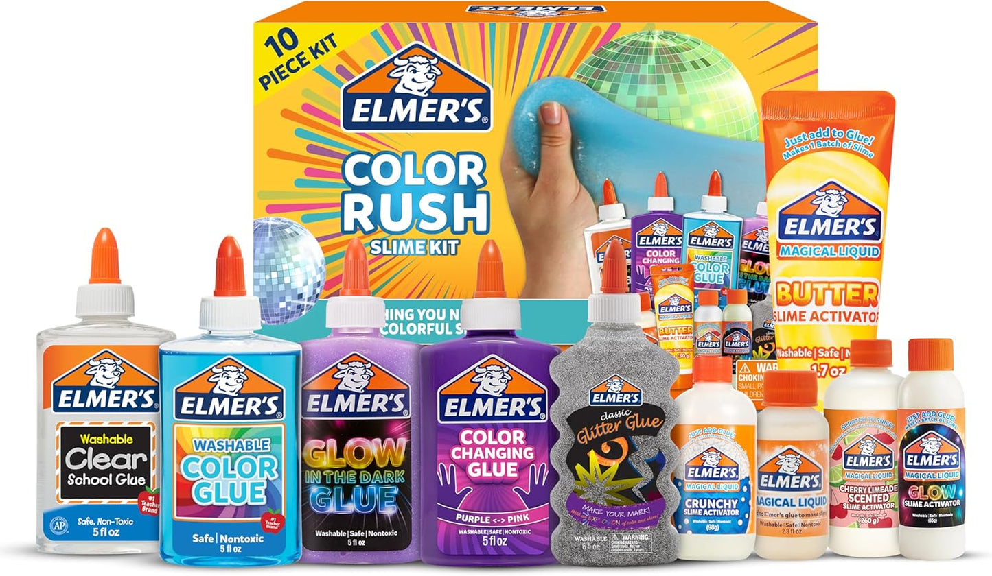 Elmer’s Color Rush 10-teiliges Schleim-Set zum Mischen, Kombinieren und Erstellen von farbverändernden, leuchtenden, knusprigen und butterfarbenen Schleimen, ungiftig, ab 6 Jahren