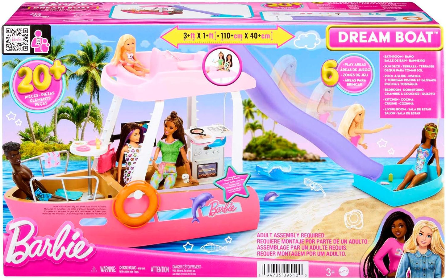 Barbie Dream Boat Playset 20+ Accessoires sur le thème de l'océan, piscine, toboggan et dauphin, à partir de 3 ans