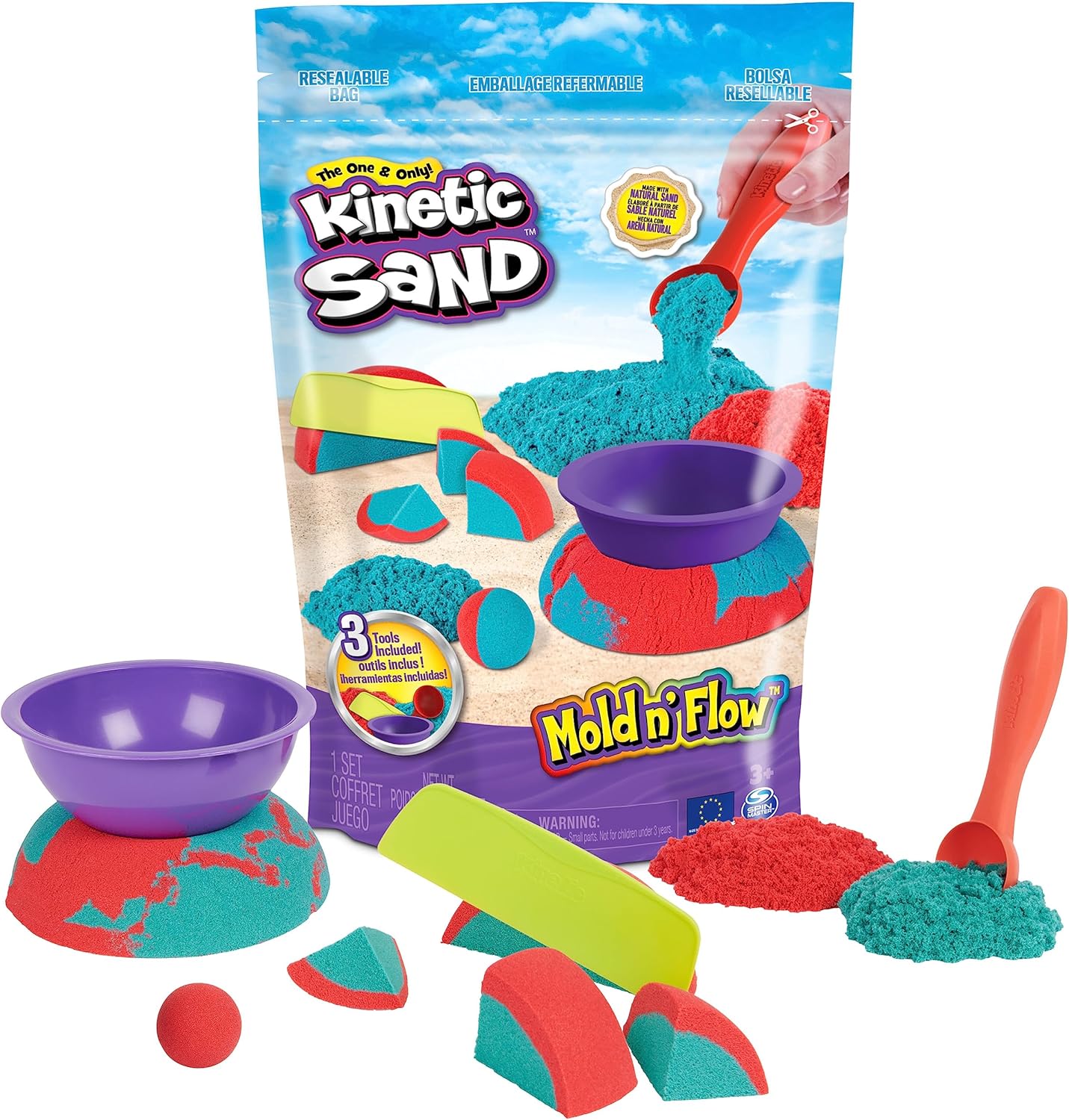 Kinetic Sand Mold n‘ Flow mit 700 g rotem und blaugrünem Spielsand