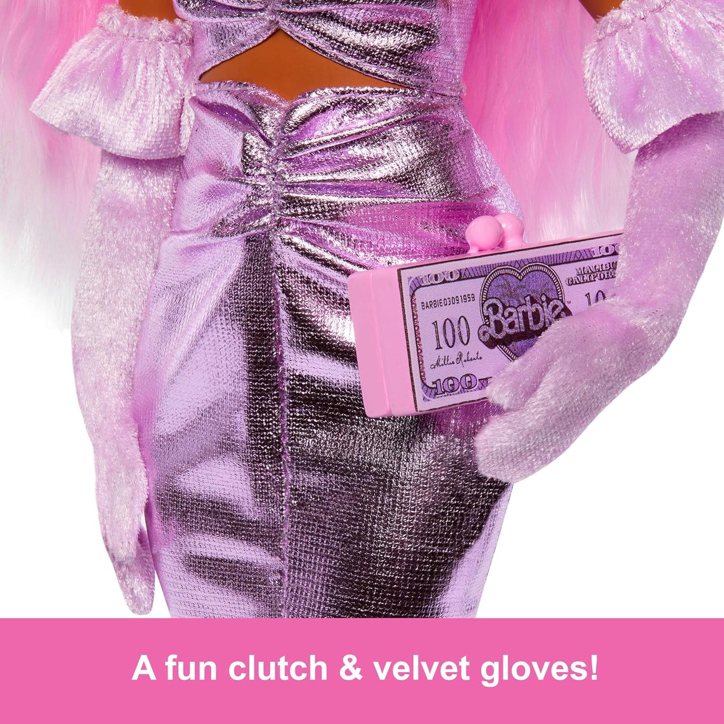 Barbie-Puppe im Deluxe-Stil in einem glänzenden rosa Midikleid