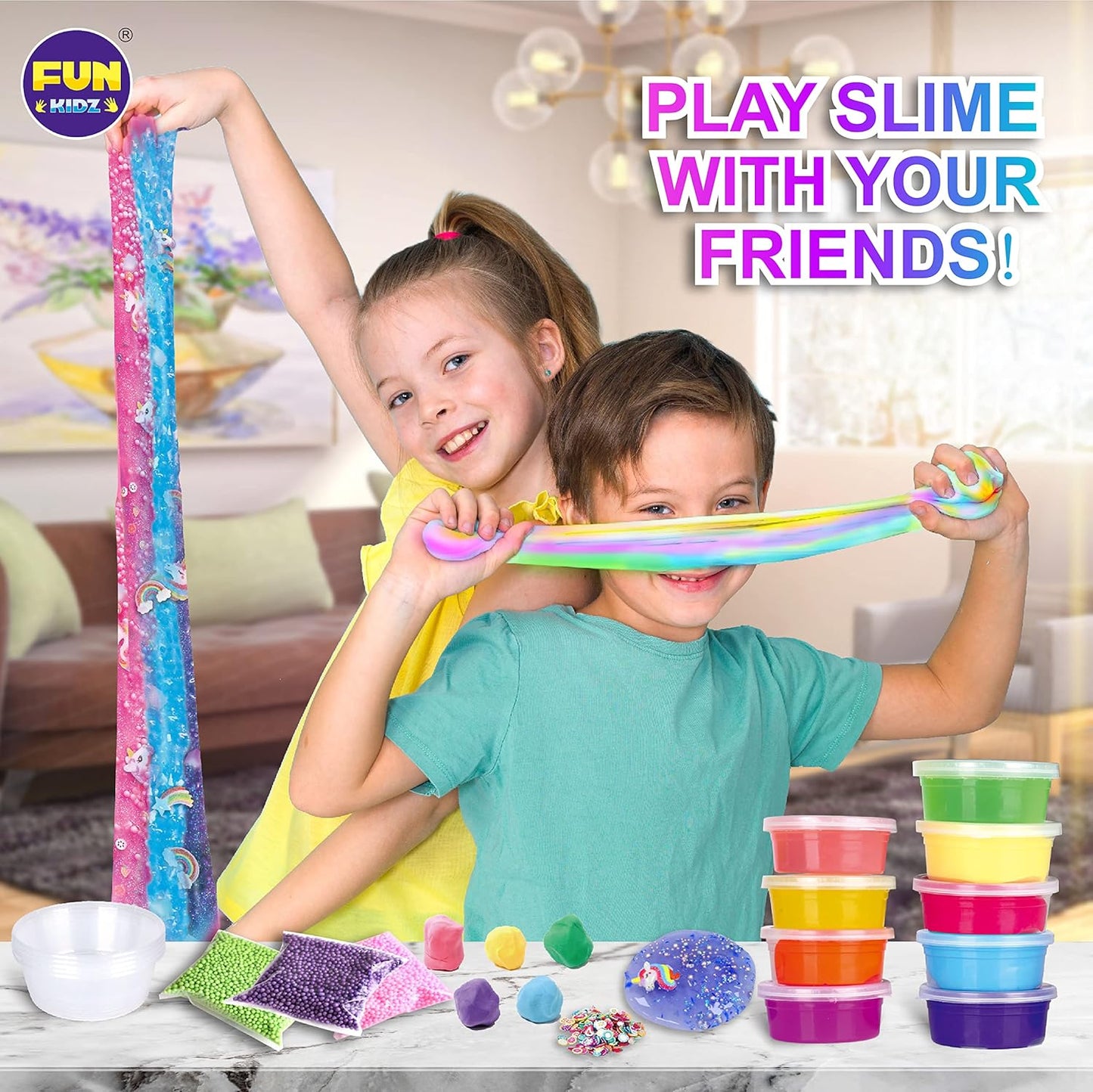 FunKidz Jumbo-Schleim-Set, 33 Becher, vorgefertigtes Schleim-Set, weich, wolkenartig, klar, butterfarben, glitzernd und im Dunkeln leuchtend, ungiftiges DIY-Set für Kinder im Alter von 4–12 Jahren, Partygeschenke und Geschenkbox