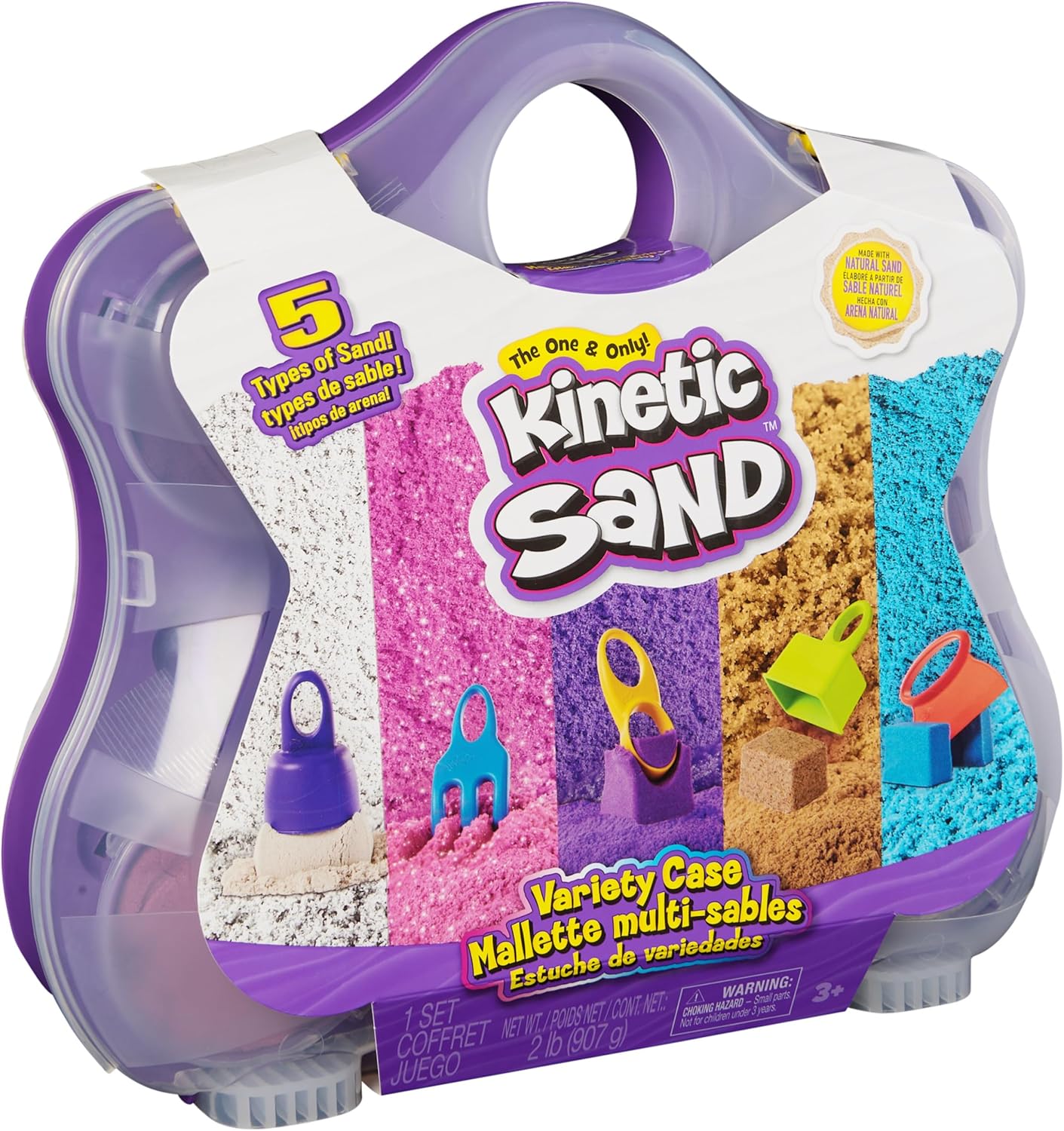 Kinetic Sand, coffret varié avec 907 g de sable de jeu (plage, néon et chatoyant) et 5 outils, rangement réutilisable
