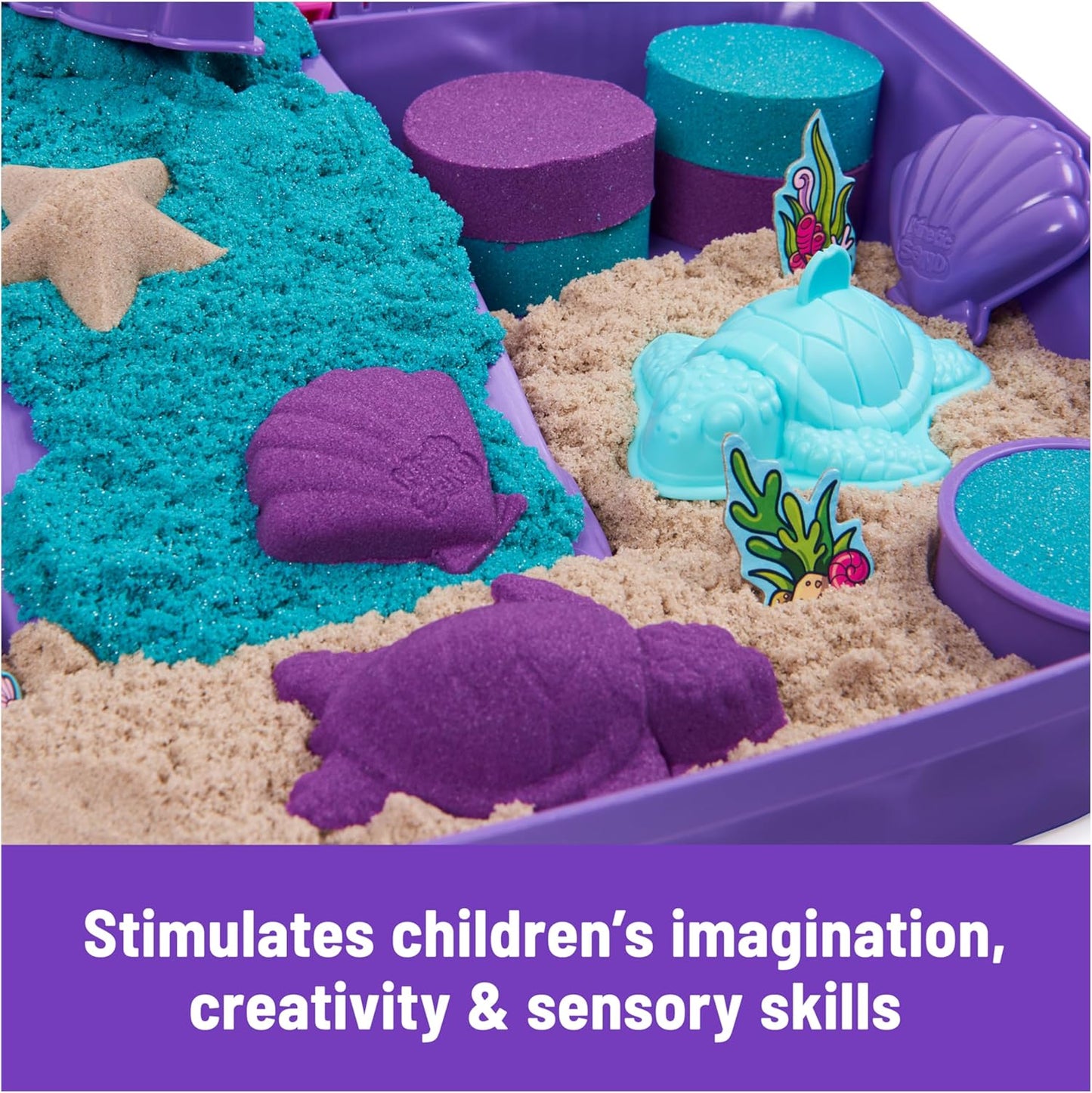 Kinetic Sand, coffret de jeu Mermaid Palace avec 934 g de sable de jeu (violet fluo, bleu sarcelle scintillant et plage), outils et bac à sable pliable