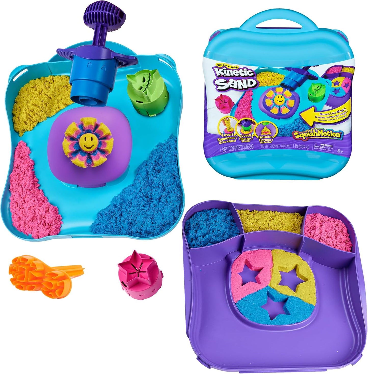 Kinetischer Sand, SquishMotion mit 454 g rosa, gelbem und blauem Spielsand, Stempel und 5 Werkzeugen, Aufbewahrungskoffer