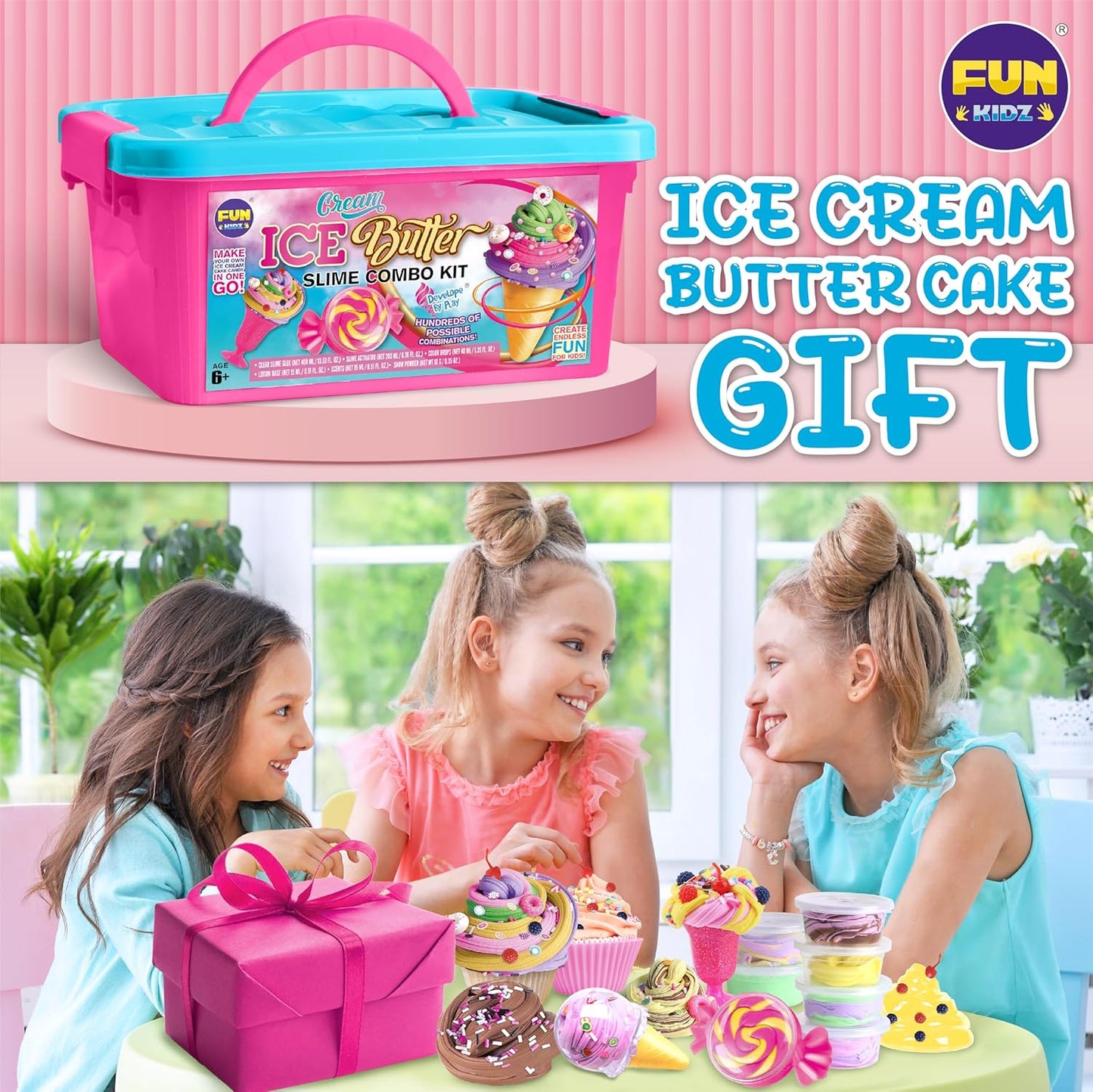 FunKidz Eiscreme-Butter-Schleim-Set zum Selbermachen, weiches Schleim-Set für Mädchen im Alter von 8–12 Jahren, über 100 Stilkombinationen, Düfte Vanille, Orange und Schokolade, ideales Geschenk oder Party-Aktivität