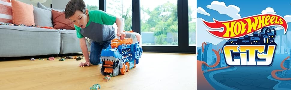 Hot Wheels City Ultimate Transporter avec T-Rex, lumières, sons et 2 voitures