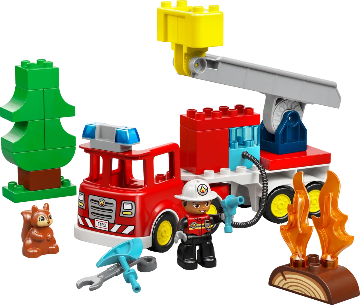 Feuerwehrauto mit Schlauch und Feuerwehrmann (10473)