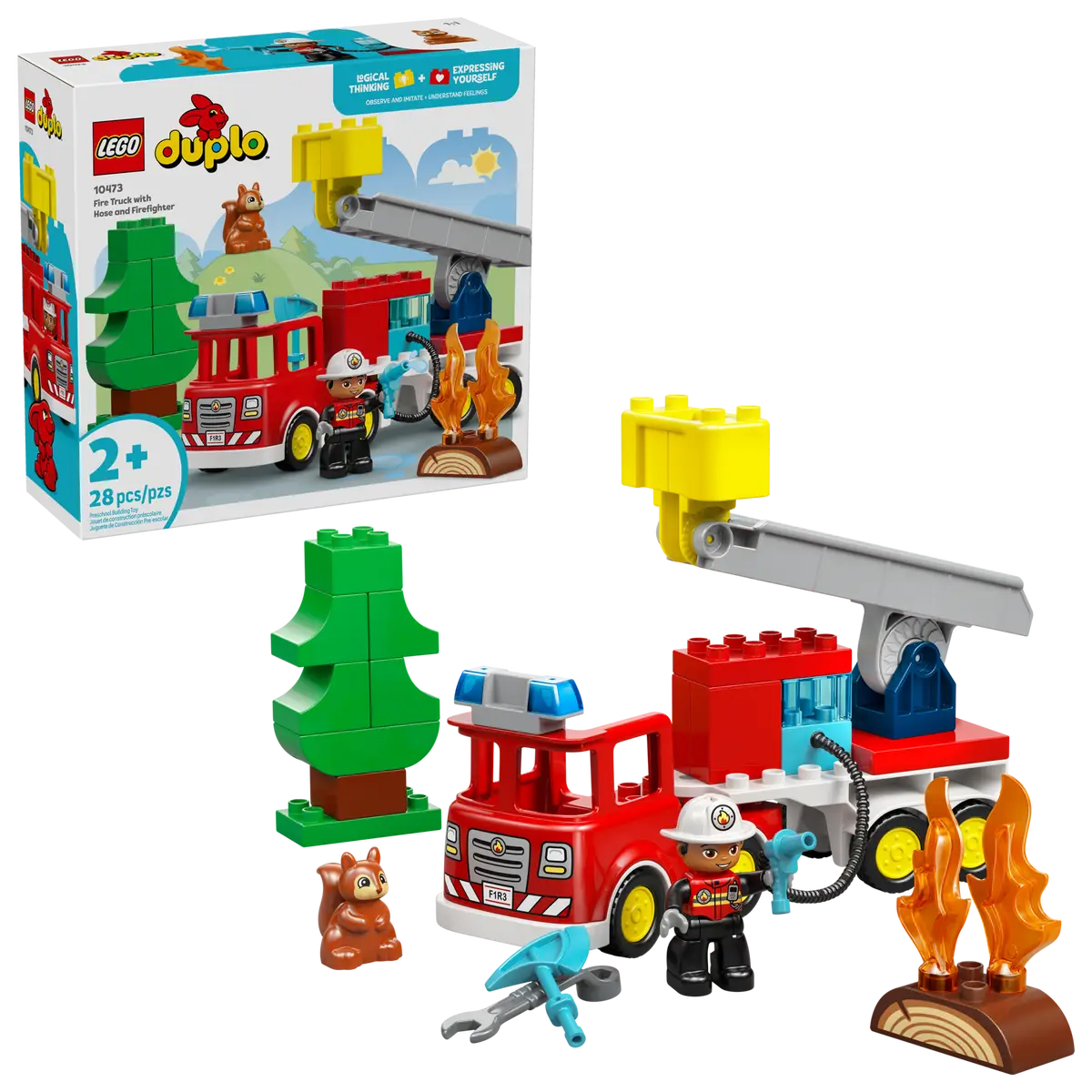 Feuerwehrauto mit Schlauch und Feuerwehrmann (10473)