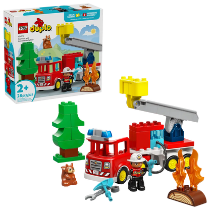 Feuerwehrauto mit Schlauch und Feuerwehrmann (10473)