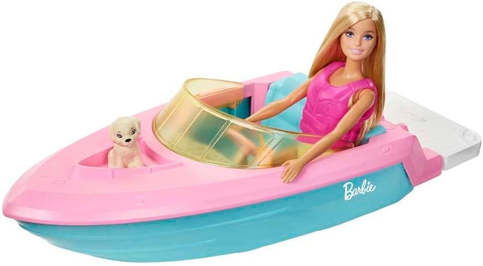Barbie-Puppe und Boot-Spielset mit Welpen und Zubehör. Schwimmendes Schnellboot-Spielzeug für Kinder im Alter von 3–7 Jahren