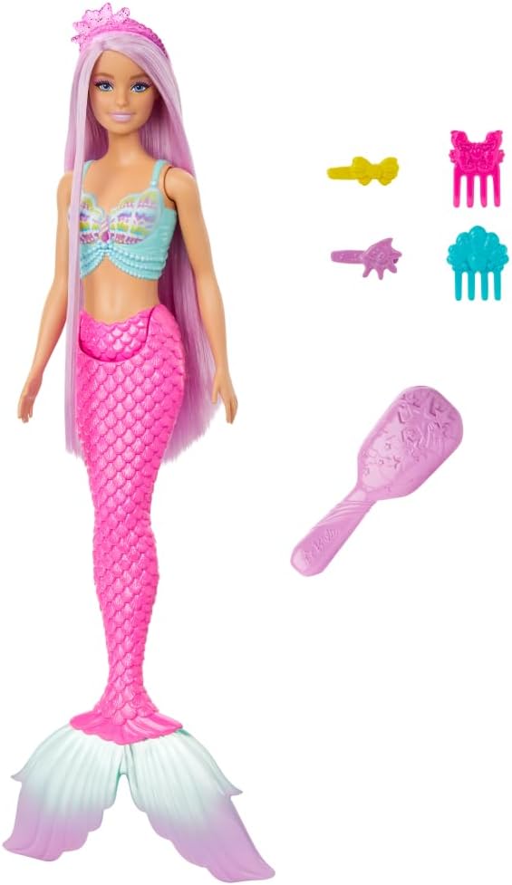 Poupée Barbie Sirène avec cheveux rose pastel de 18 cm de long