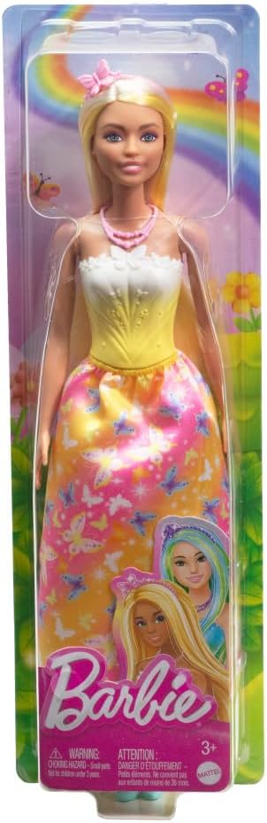 Barbie Royal-Puppe mit hell gesträhntem Fantasiehaar, farbenfrohen Accessoires, gelbem Ombré-Mieder und Rock mit Schmetterlingsmuster