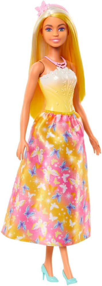 Barbie Royal-Puppe mit hell gesträhntem Fantasiehaar, farbenfrohen Accessoires, gelbem Ombré-Mieder und Rock mit Schmetterlingsmuster
