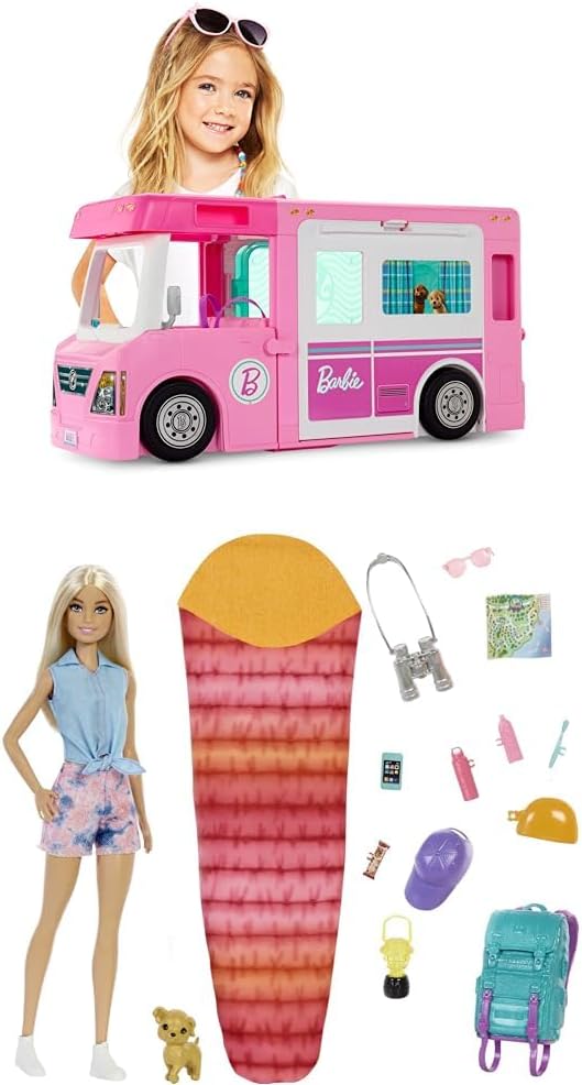 Barbie DreamCamper 3 in 1 + Barbie “It Takes Two” Malibu Camping Playset Bundle Set regalo Avventura all'aria aperta, dai 3 anni in su
