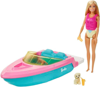 Barbie-Puppe und Boot-Spielset mit Welpen und Zubehör. Schwimmendes Schnellboot-Spielzeug für Kinder im Alter von 3–7 Jahren
