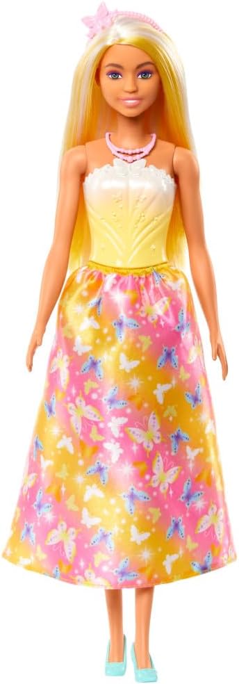 Barbie Royal-Puppe mit hell gesträhntem Fantasiehaar, farbenfrohen Accessoires, gelbem Ombré-Mieder und Rock mit Schmetterlingsmuster