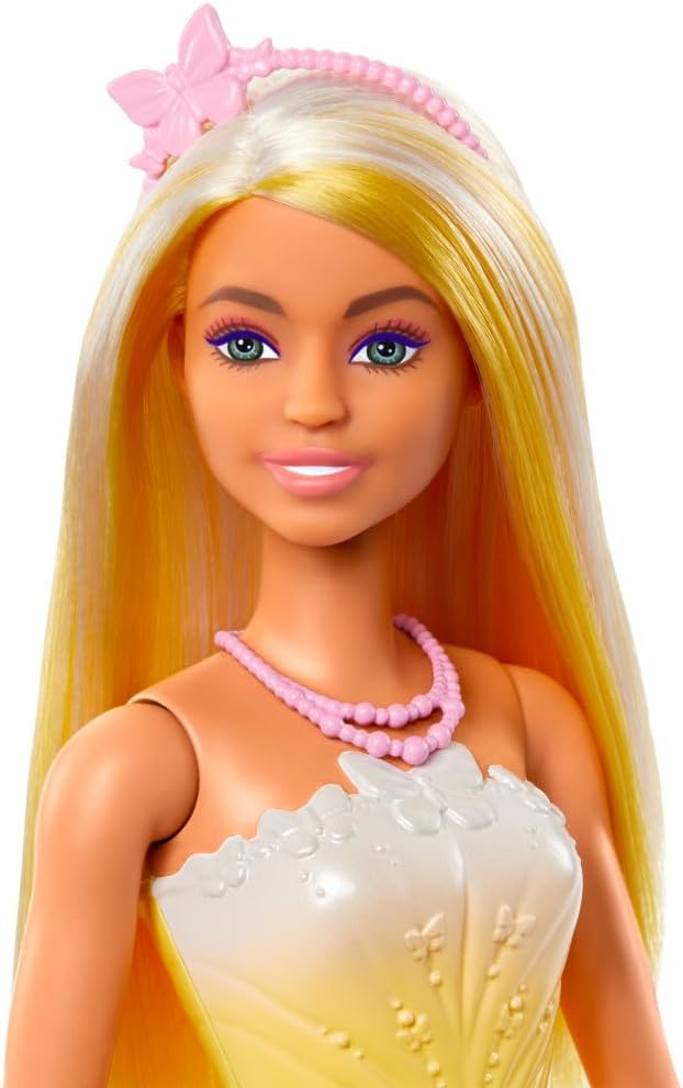 Barbie Royal-Puppe mit hell gesträhntem Fantasiehaar, farbenfrohen Accessoires, gelbem Ombré-Mieder und Rock mit Schmetterlingsmuster