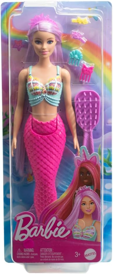 Poupée Barbie Sirène avec cheveux rose pastel de 18 cm de long