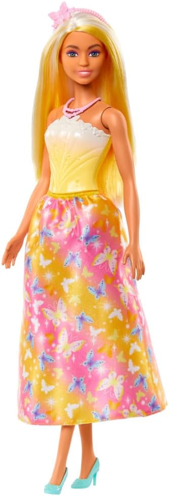 Barbie Royal-Puppe mit hell gesträhntem Fantasiehaar, farbenfrohen Accessoires, gelbem Ombré-Mieder und Rock mit Schmetterlingsmuster