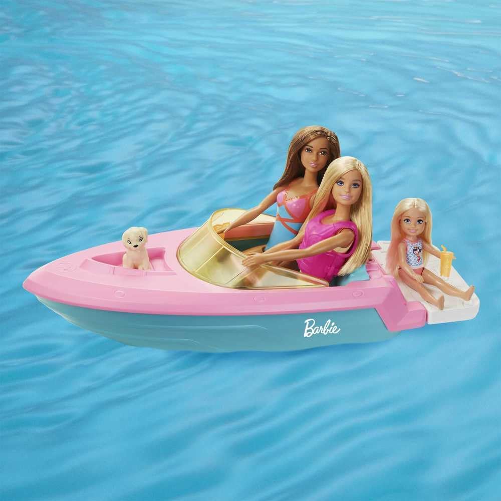 Barbie-Puppe und Boot-Spielset mit Welpen und Zubehör. Schwimmendes Schnellboot-Spielzeug für Kinder im Alter von 3–7 Jahren