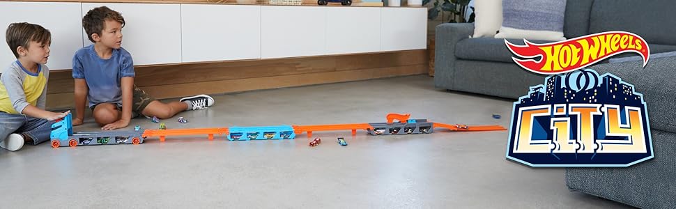Hot Wheels Transporteur de piste de course 2 en 1 avec rangement et 3 voitures