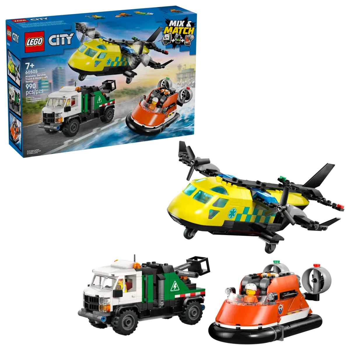 Flugzeug-, Service-Truck- und Hovercraft-Remix-Bauset (60505)