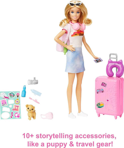 Poupée Barbie et accessoires, ensemble de voyage avec chiot et plus de 10 pièces