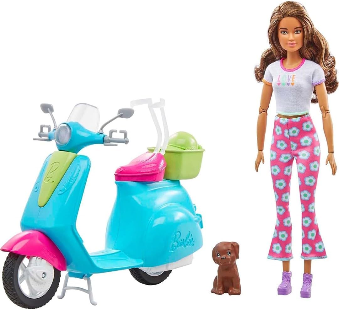 Barbie Fashionistas Reisespielset mit Puppe und Roller, Welpen und Zubehör für 3–7 Jahre