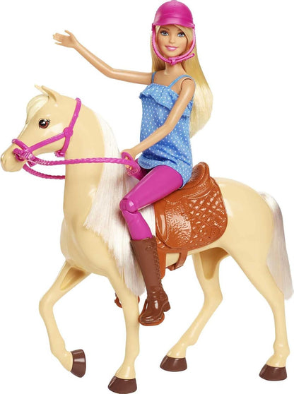 Barbie - Set da gioco con bambola e cavallo, Cavaliera bionda e cavallo marrone chiaro, dai 3 anni in su