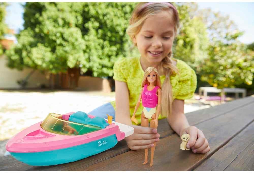 Barbie-Puppe und Boot-Spielset mit Welpen und Zubehör. Schwimmendes Schnellboot-Spielzeug für Kinder im Alter von 3–7 Jahren