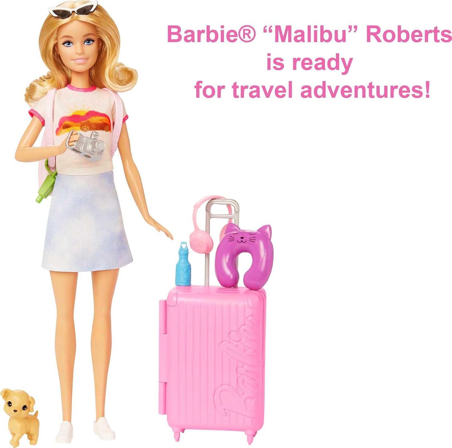 Poupée Barbie et accessoires, ensemble de voyage avec chiot et plus de 10 pièces