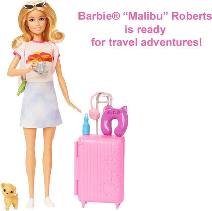 Poupée Barbie et accessoires, ensemble de voyage avec chiot et plus de 10 pièces