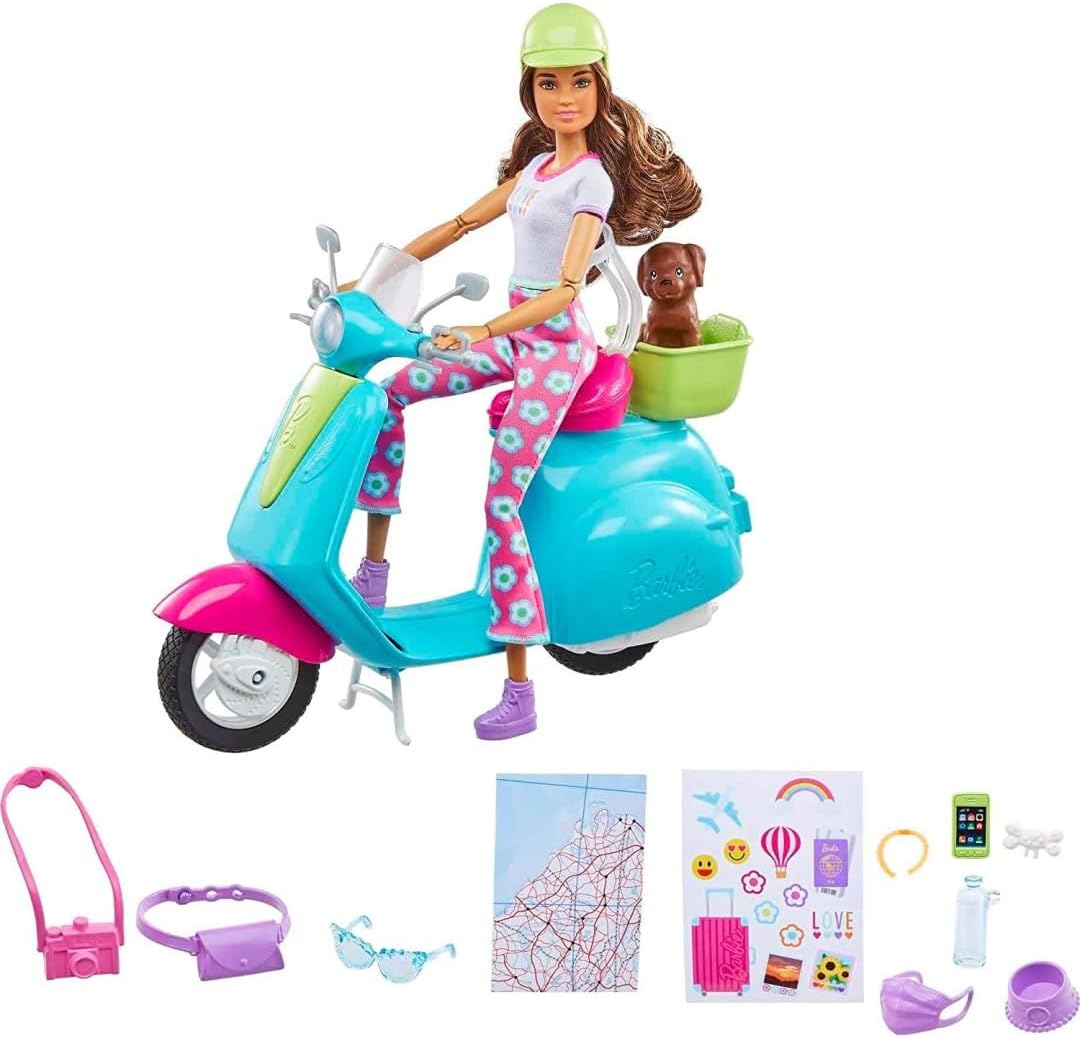 Barbie Fashionistas Reisespielset mit Puppe und Roller, Welpen und Zubehör für 3–7 Jahre