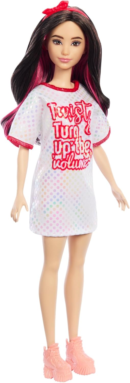 Barbie Fashionistas-Puppe in einem weißen T-Shirt-Kleid mit schimmernden Polka Dots
