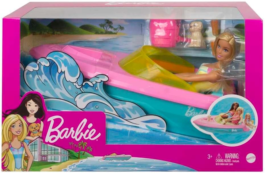 Barbie-Puppe und Boot-Spielset mit Welpen und Zubehör. Schwimmendes Schnellboot-Spielzeug für Kinder im Alter von 3–7 Jahren