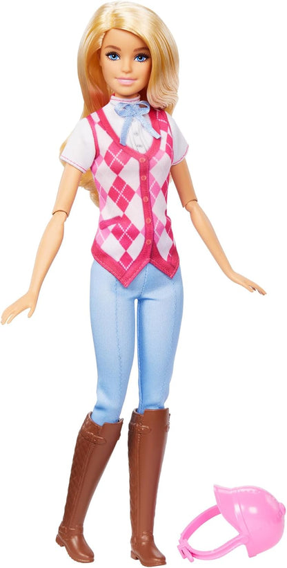 Barbie „Malibu“-Puppe in rosa Argyle-Reitweste, Hose, Stiefeln und Helm