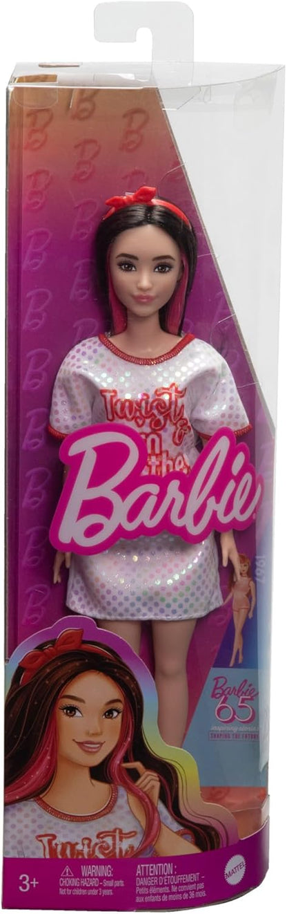 Barbie Fashionistas-Puppe in einem weißen T-Shirt-Kleid mit schimmernden Polka Dots