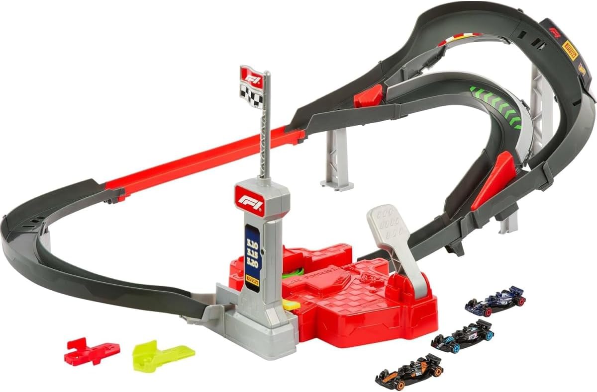 Hot Wheels - Circuit de course côte à côte de Formule 1 avec 3 voitures moulées sous pression