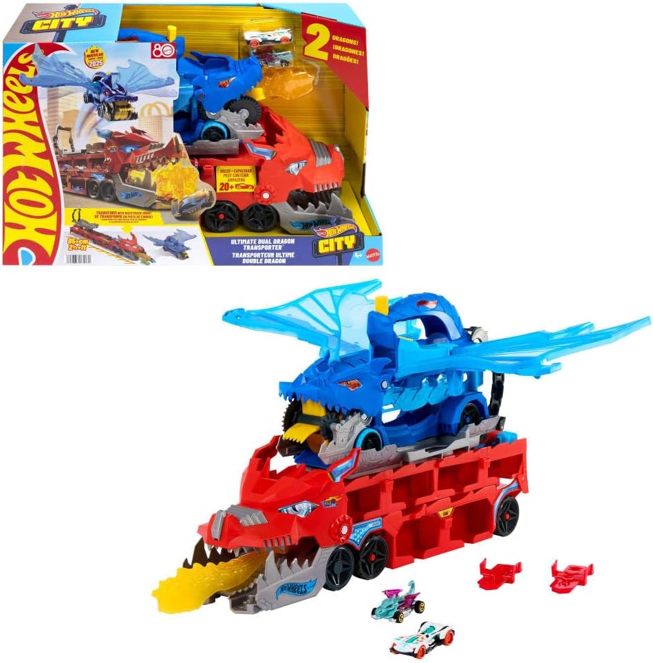 Hot Wheels City Ultimate Dual Dragon Transporter avec 2 voitures