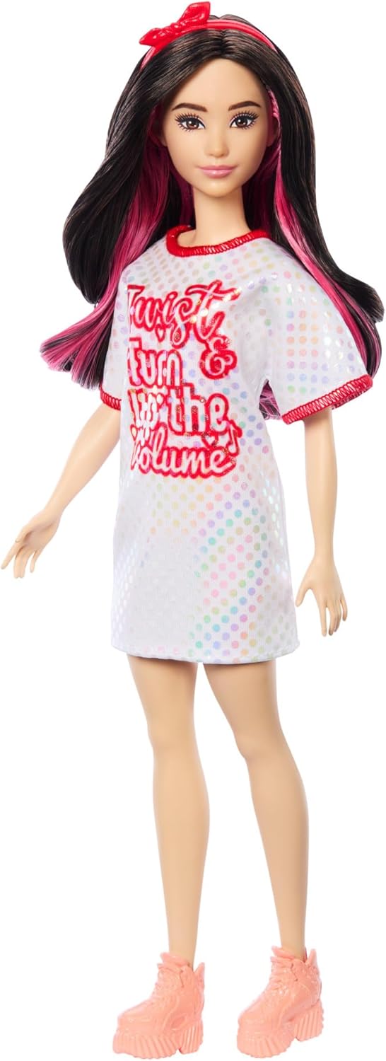 Barbie Fashionistas-Puppe in einem weißen T-Shirt-Kleid mit schimmernden Polka Dots