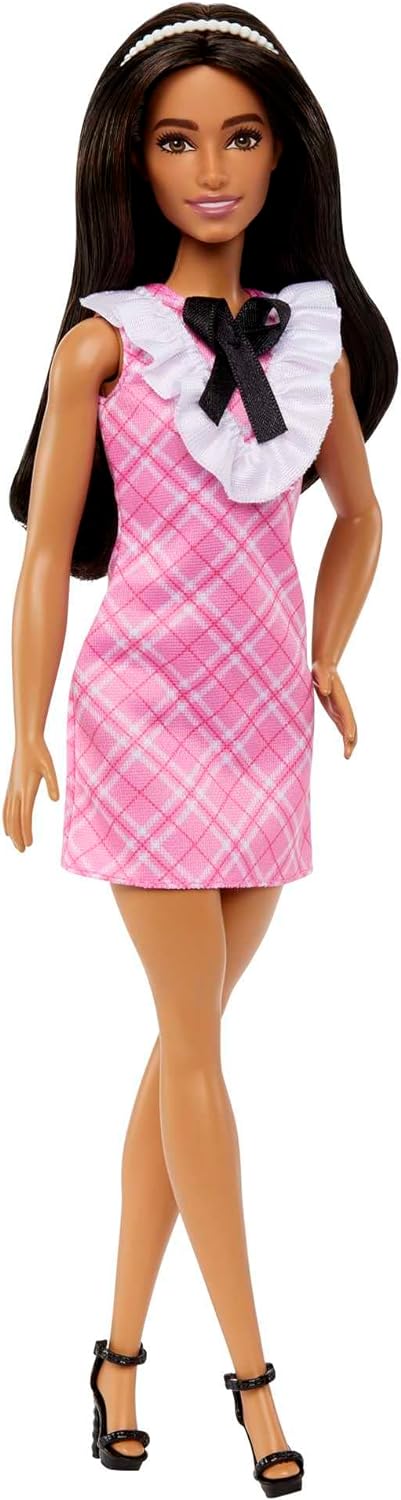 Barbie Fashionistas-Puppe in einem rosa karierten Kleid mit schwarzer Schleife