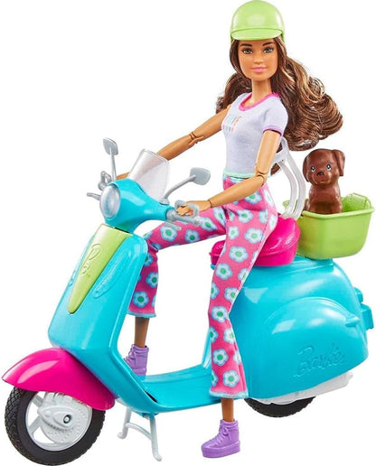 Barbie Fashionistas Reisespielset mit Puppe und Roller, Welpen und Zubehör für 3–7 Jahre