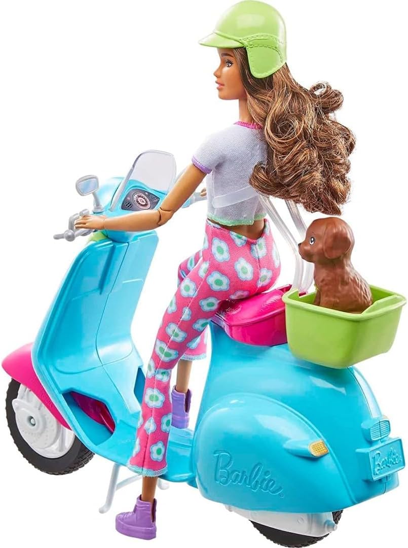 Barbie Fashionistas Reisespielset mit Puppe und Roller, Welpen und Zubehör für 3–7 Jahre
