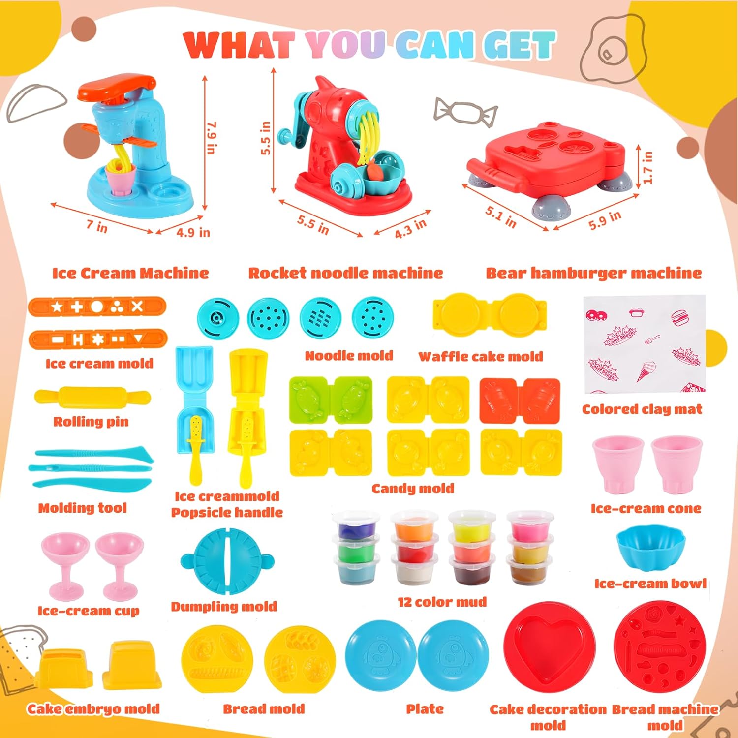 3-in-1-Farbspielknete-Set für Kinder, Eiscreme-, Hamburger- und Nudelmacher-Spielzeug, 12-Farben-Teig-Kunst- und Bastelset für Kinder im Alter von 3–12 Jahren
