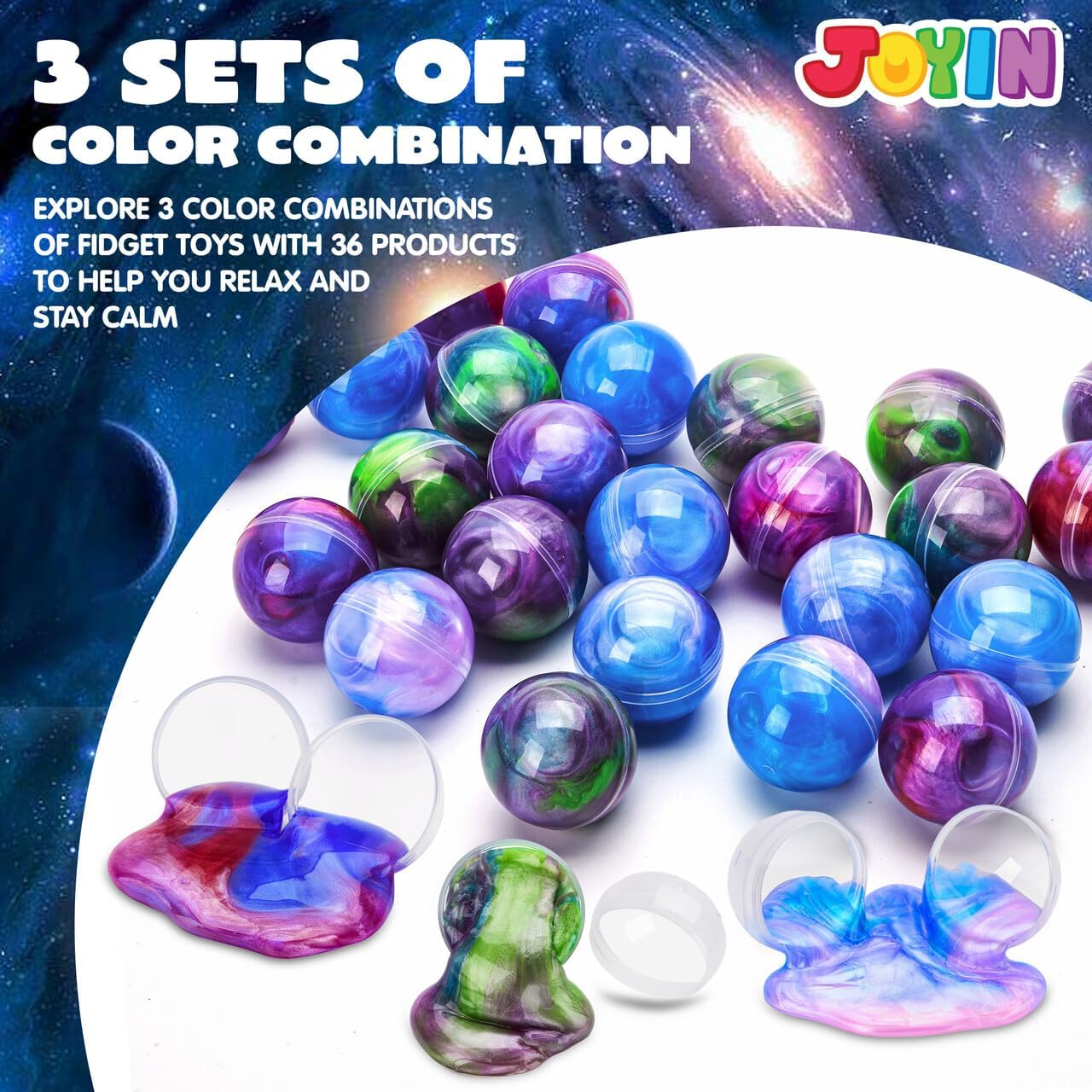 JOYIN Galaxy Slime Party Favors, paquet de 24 boules de slime extensibles, jouets sensoriels non collants, sans dégâts et sûrs pour enfants, fournitures de fête parfaites et récompenses en classe