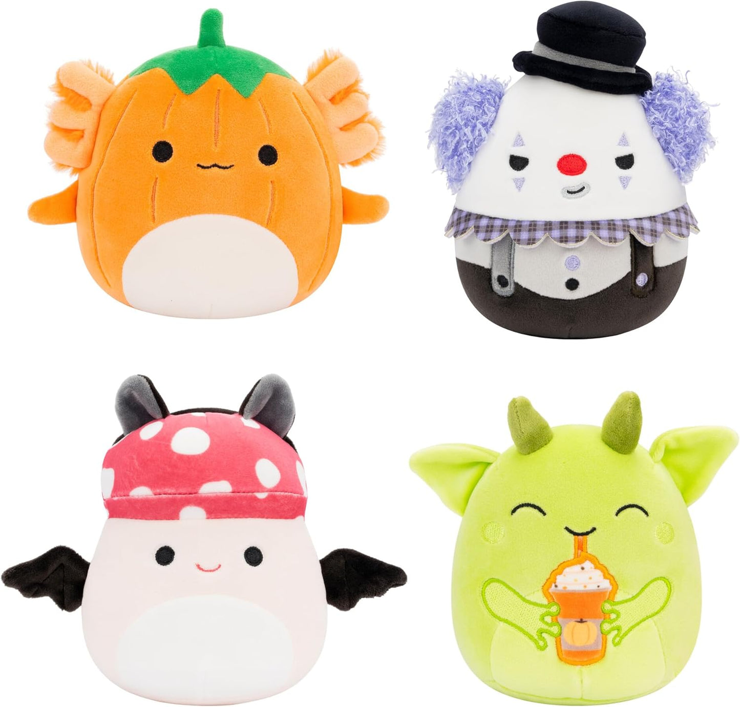 Squishmallows Micromallows Halloween 4er-Pack – Gabin Pumpkin Axolotl, Fitzy Goblin Holding Latte, Malcolm Bat Mushroom, Ms. K Purple Clown